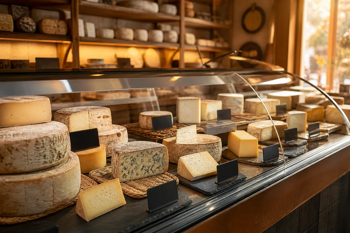 Comptoir de fromagerie avec plusieurs meules et pièces entamées présentées sur ardoise, lumière chaude de fin de journée
