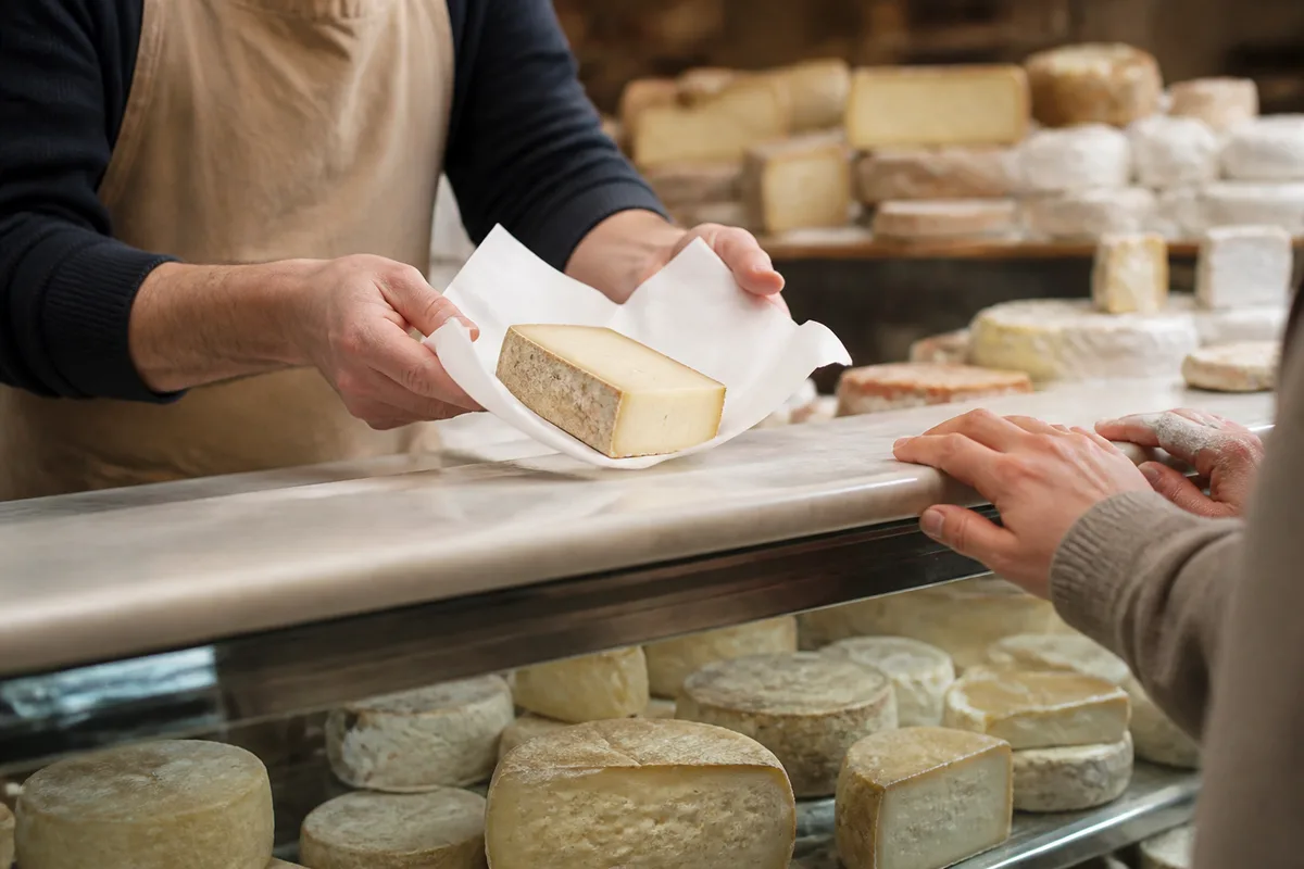 Client discutant avec un fromager derrière son comptoir, sélection de fromages à la coupe au premier plan