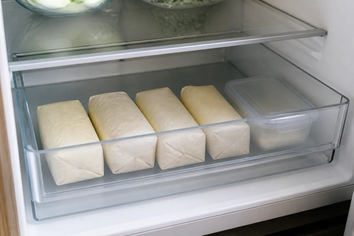 Fromages emballés dans du papier crème rangés dans le bac inférieur d&rsquo;un réfrigérateur domestique