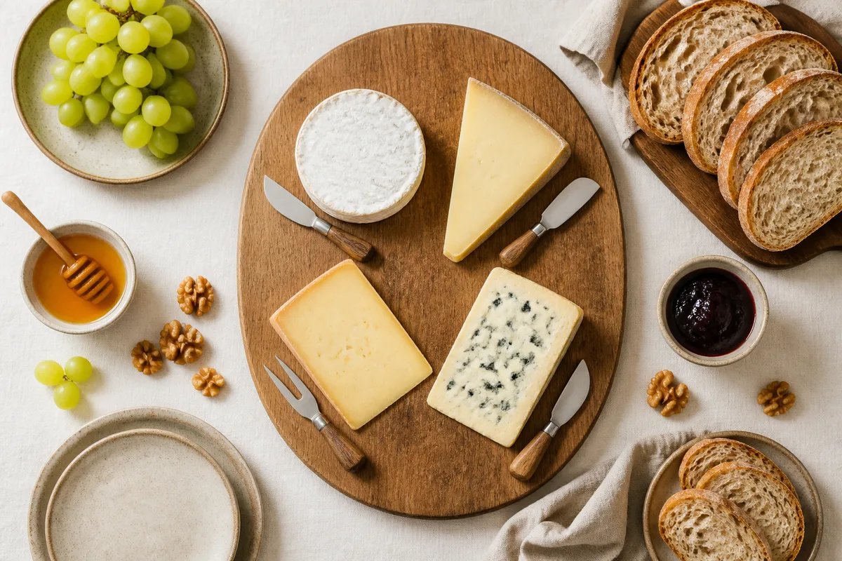 Assortiment de fromages dressé sur une planche en bois avec raisin, noix et pain de campagne tranché
