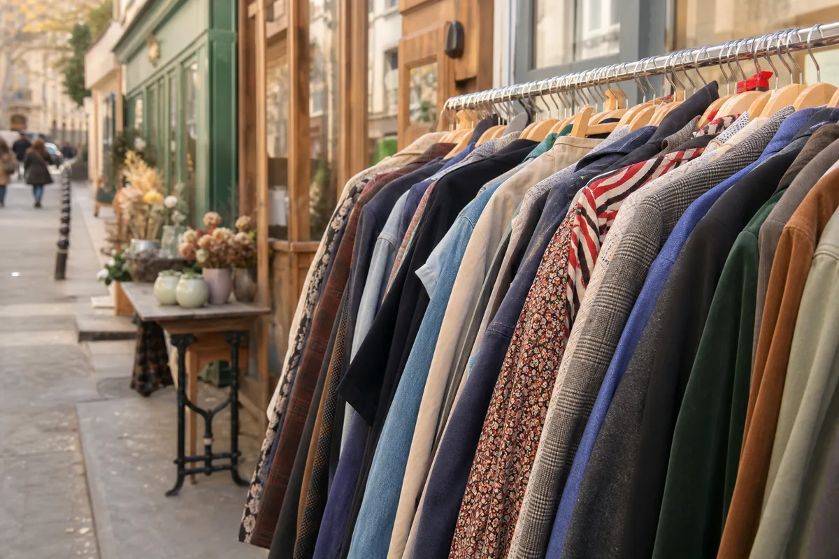 Portant de vêtements d’occasion serrés les uns contre les autres dans une boutique de seconde main