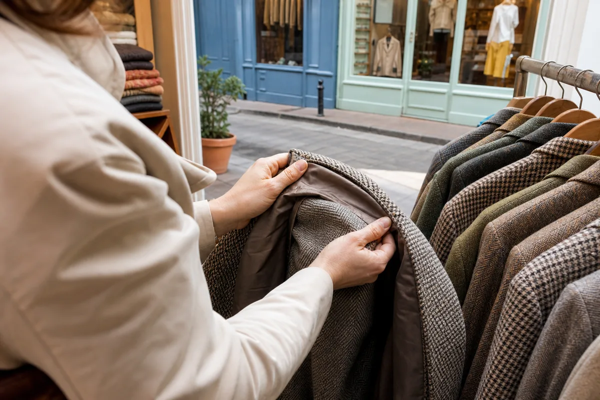 Personne examinant attentivement la couture intérieure d’une veste en laine dans une boutique de vêtements d’occasion
