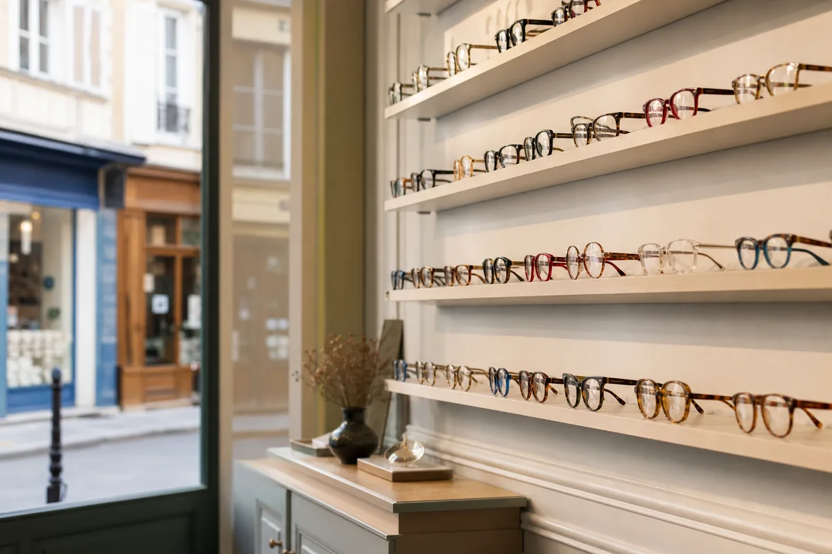 Présentoir mural de montures de lunettes de formes et de couleurs variées dans une boutique d&rsquo;optique