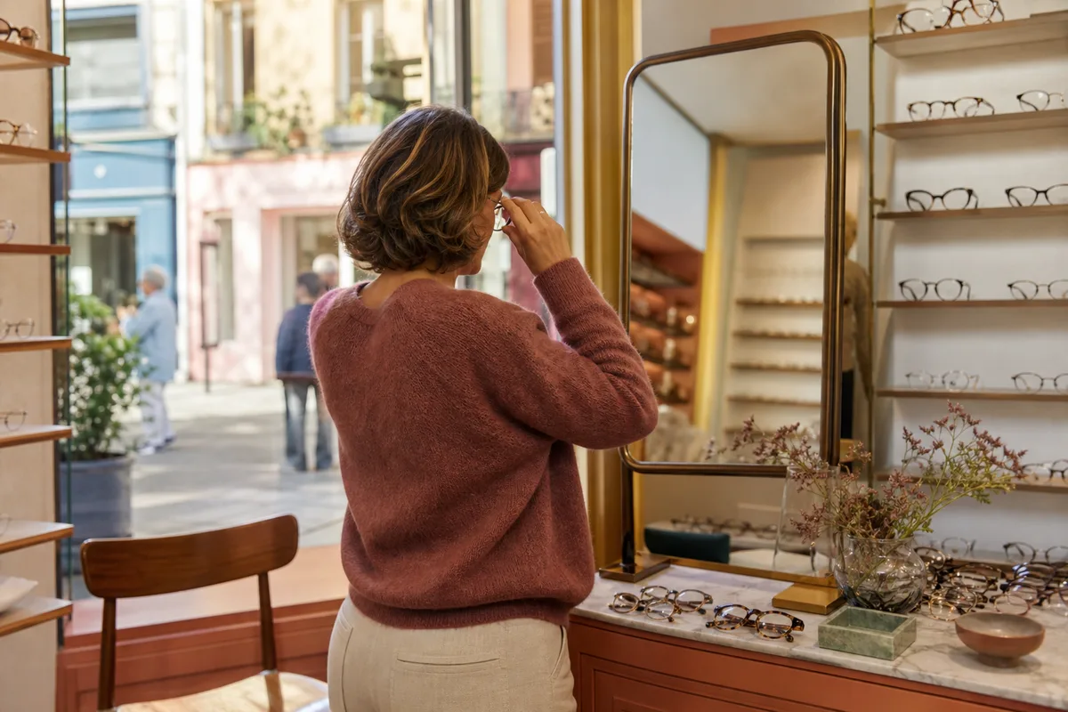 Personne essayant une paire de lunettes devant un miroir dans un magasin d&rsquo;optique