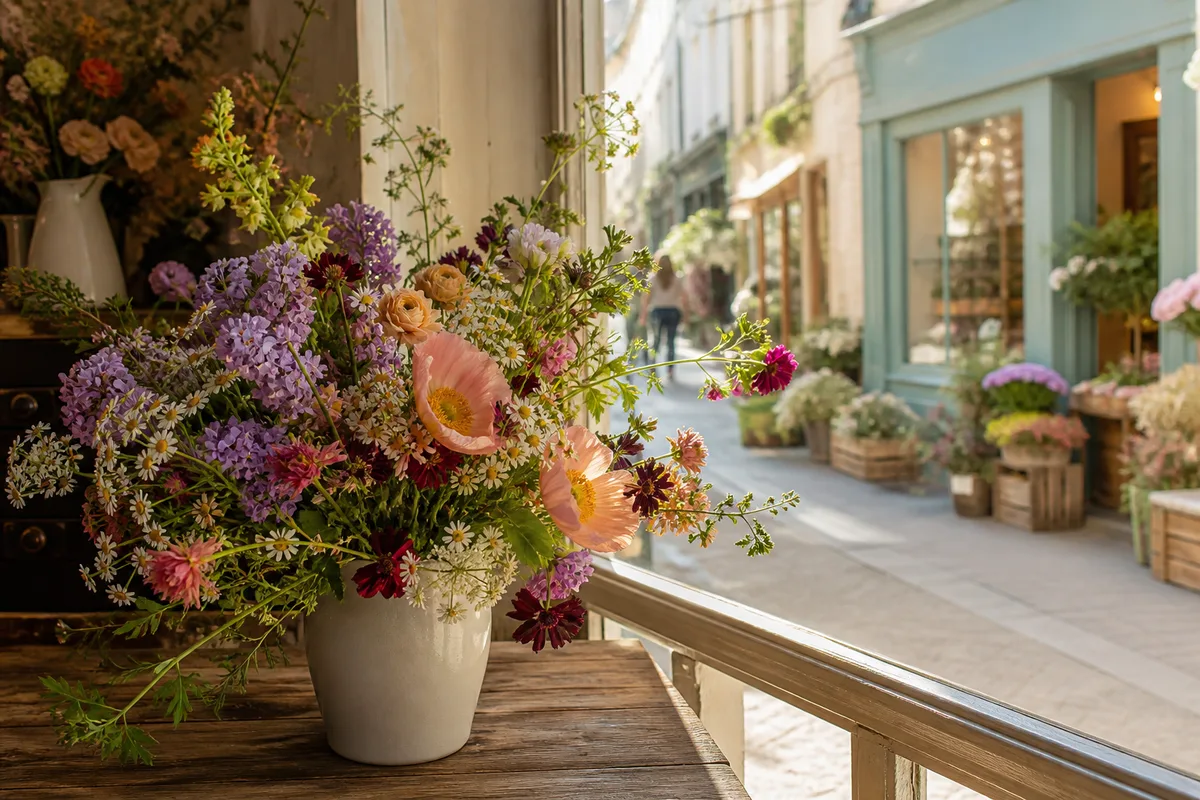 Bouquet champêtre de fleurs variées posé sur une table en bois près d’une fenêtre lumineuse