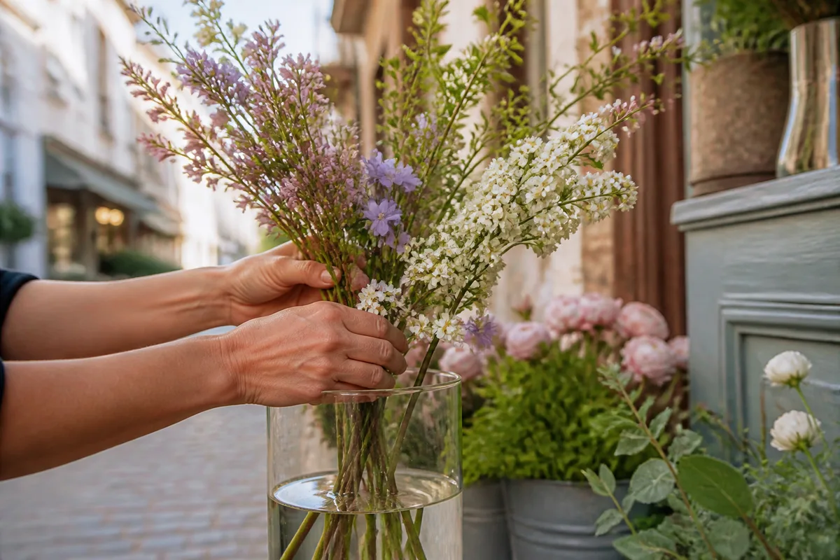 Mains disposant des tiges fleuries dans un vase en verre transparent rempli d’eau claire