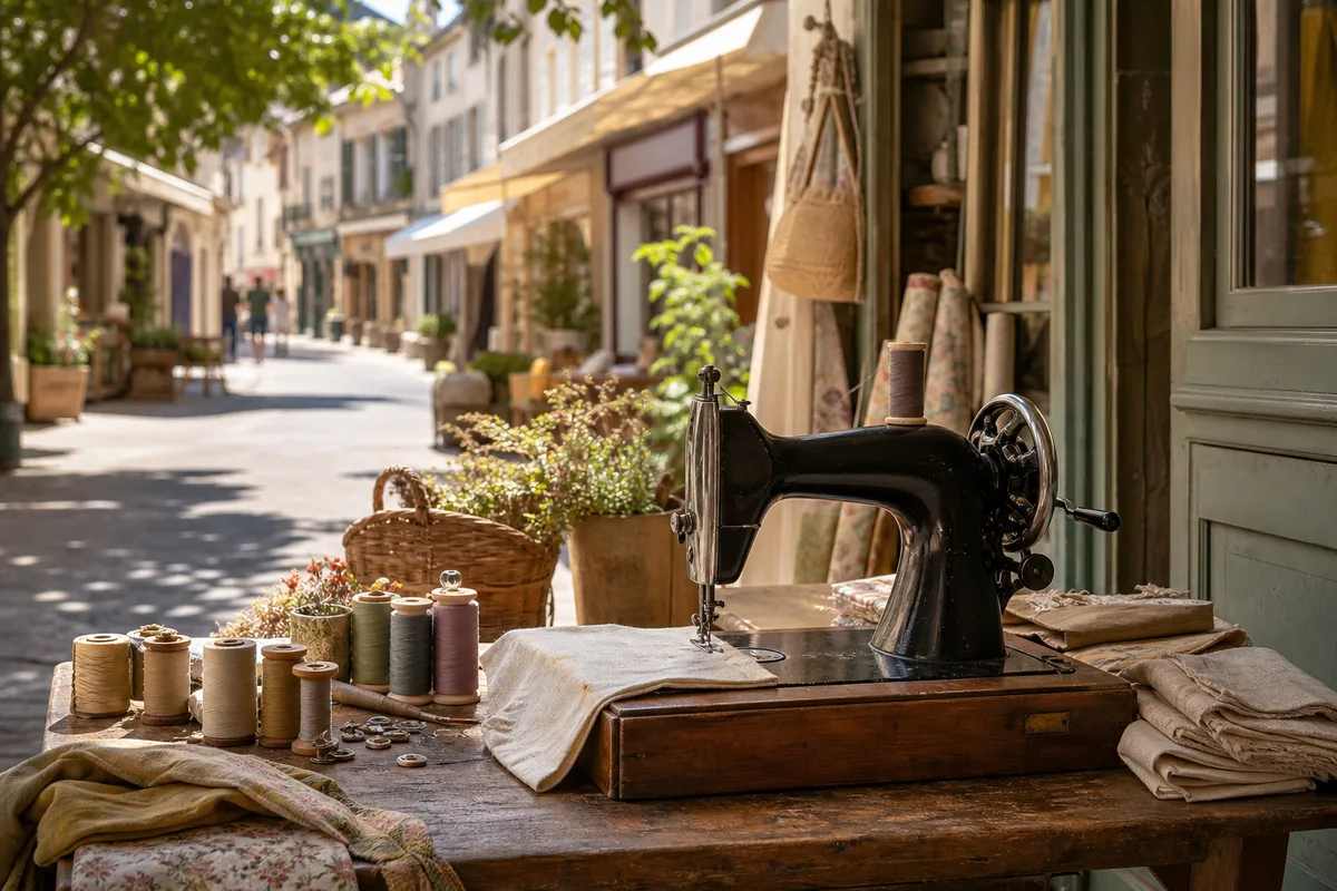 Machine à coudre posée sur une table d&rsquo;atelier avec bobines de fil et pièces de tissu