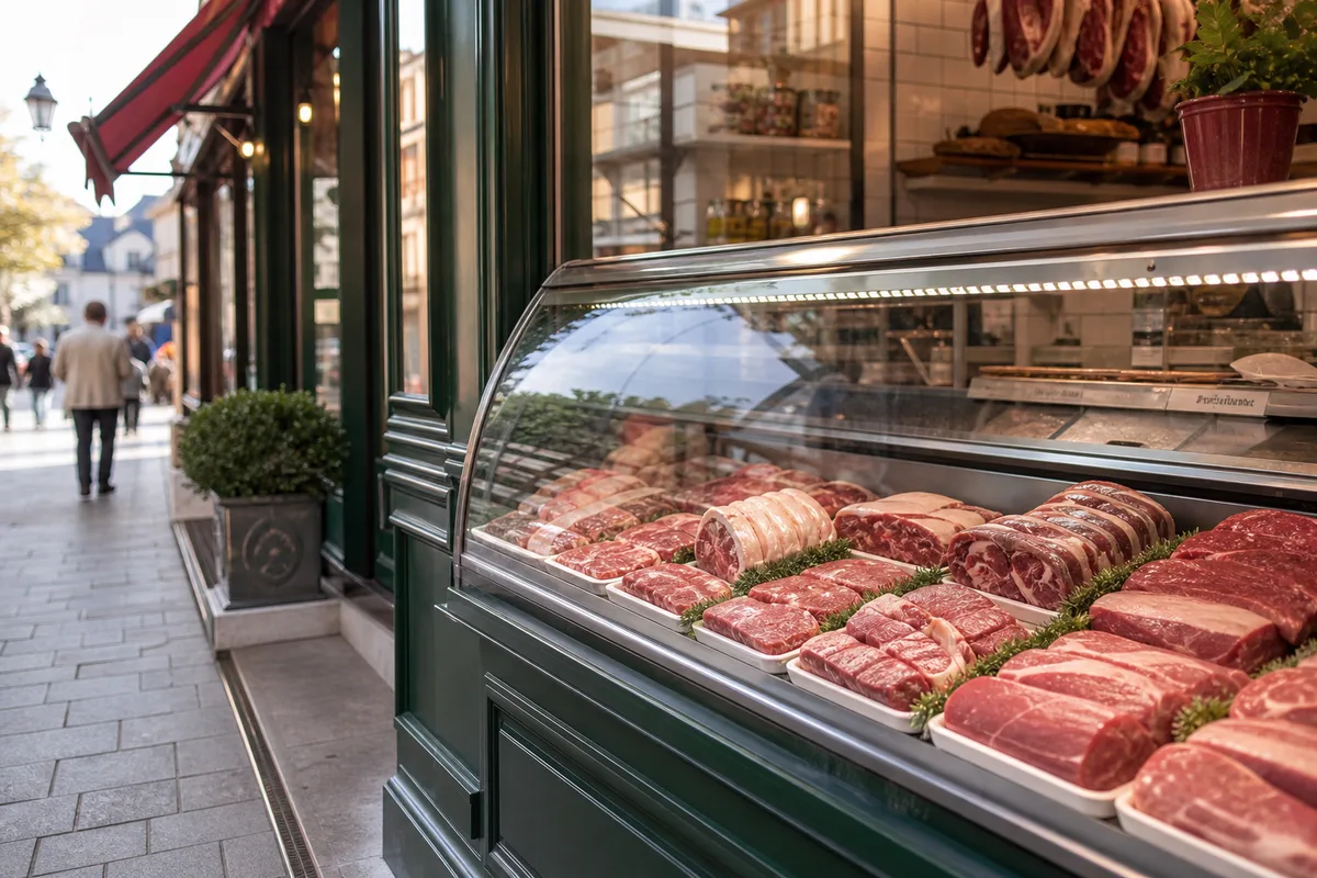 Vitrine réfrigérée d’une boucherie présentant différentes pièces de viande rouge disposées sur des plateaux