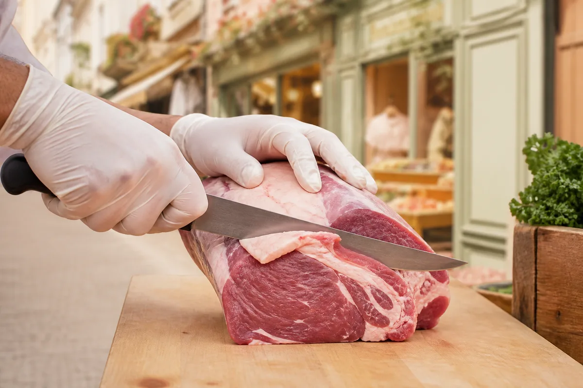 Mains gantées d’un artisan découpant une pièce de viande sur un billot de bois clair