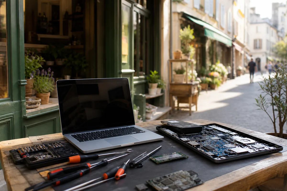 Établi de réparation informatique avec un ordinateur portable ouvert, tournevis et composants posés à côté