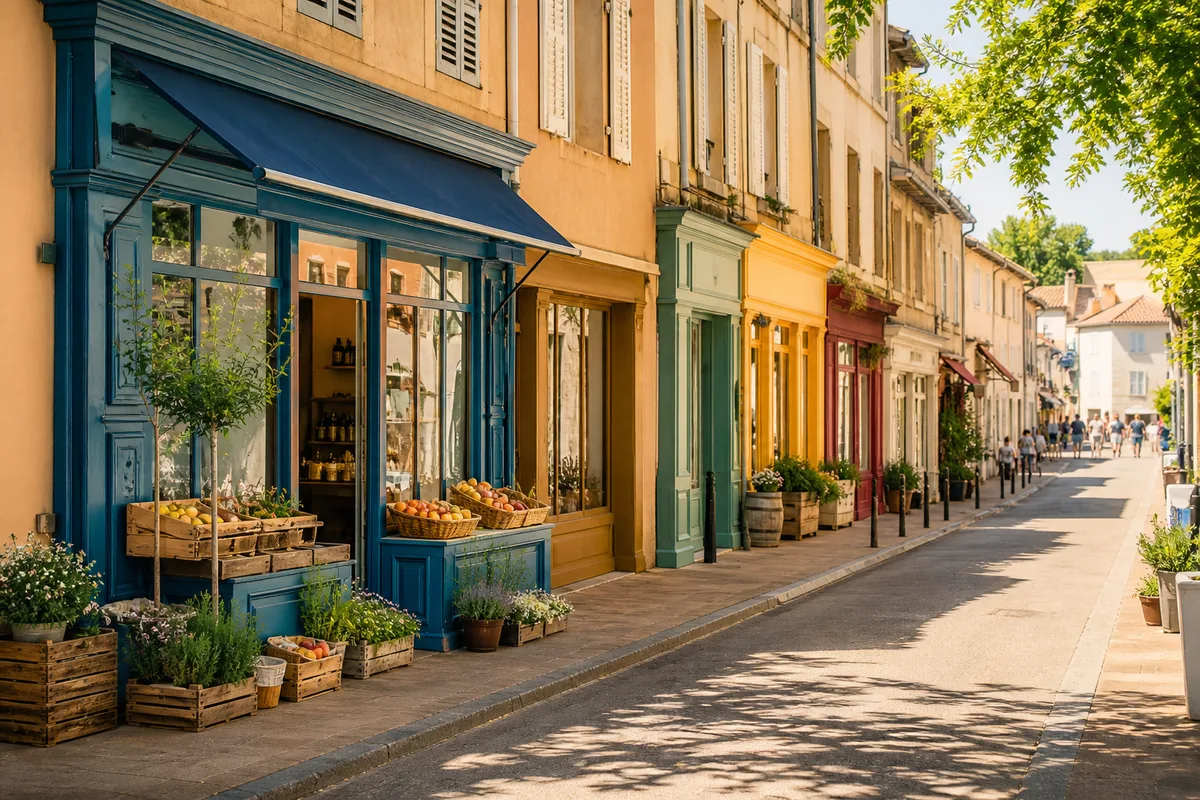 Devanture de commerce vue de la rue au petit matin, store baissé à demi et étal encore en cours d'installation
