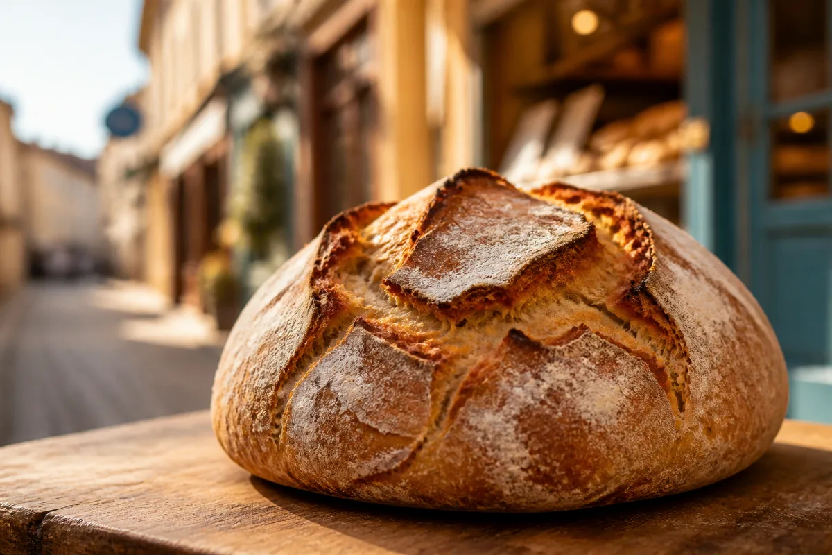 Gros plan sur la croûte dorée et craquelée d&rsquo;une miche de pain au levain posée sur un plan de travail en bois