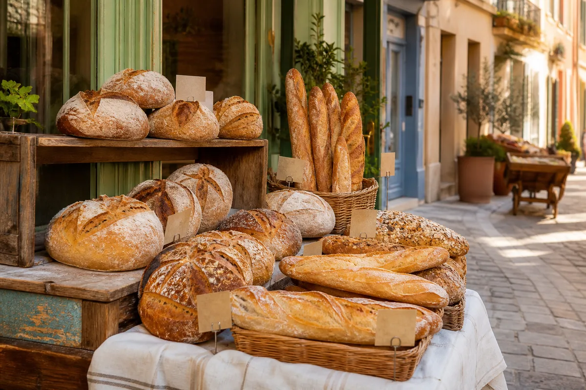 Étal de boulangerie présentant plusieurs miches et baguettes de tailles variées avec leurs étiquettes de prix