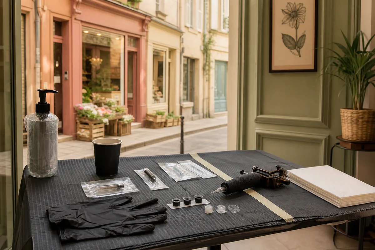 Poste de travail d’un studio de tatouage avec machine, gants et matériel stérile disposés sur une surface protégée