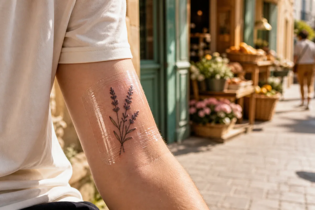 Bras portant un tatouage récent recouvert d’un film protecteur transparent après la séance